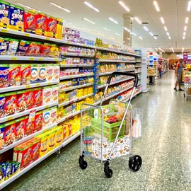 IRONMAX Grocery Shopping Cart, Foldable Heavy Duty Utility Cart w/Adjustable Handle, Extra Basket & 360° Rolling Swivel Wheels, Lightweight Trolley Cart for Grocery Laundry Luggage (Sliver)