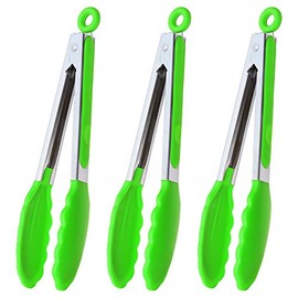 HINMAY Silicone Tongs 9-Inch Stainless Steel Locking Kitchen Tongs, Set of 3 (Green)