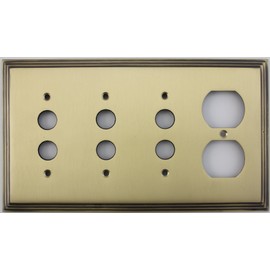 Deco Step Style Antique Brass 4 Gang Switch Plate - 3 Push Button Openings 1 Duplex Outlet Opening