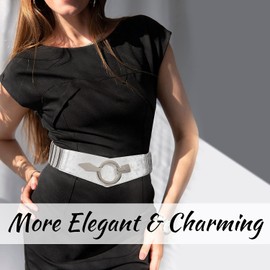 Women Fashion Vintage Wide Elastic Belt SUOSDEY Stretch Waist Belt with Interlock for Dresses,Silver,M