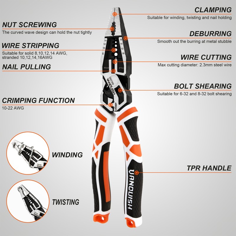 VANQUISH 10-in-1 Long Nose Pliers, 8‘’ Multipurpose Combination Pliers Wire