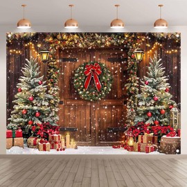 Luminora 7x5ft Winter Christmas Rustic Barn Wood Door Backdrop Snowflake Christmas Tree Wreath Background Festival Birthday Baby Shower Decor Party Photo Banner