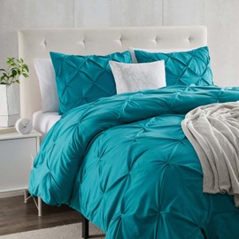 Teal Duvet Cover California King Size 3 Piece Pintuck Comforter Set - 1 Duvet Cover 104x98 with 2 Pillow Shams - Ultra Soft Microfiber Bedding Pinch Pleated California King Duvet Cover Set