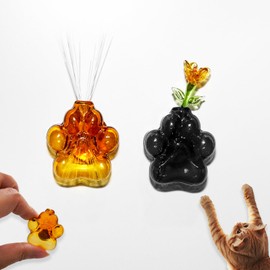 Nuvretk 2PCS Cat Whisker Holder – Mini Fridge Magnet Vases with Glass Paw Design for Keepsake, Pet Hair, or Flower Display（Black and Brown）