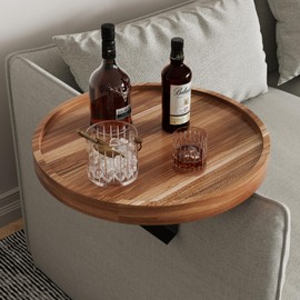 Semjar Acacia Wood Couch Arm Tray Table,11.8 Inch Adjustable Round Sofa Arm Tray,Wooden Armrest Table for Couches Chair,Trayble Couch Companion Armchair Table for Eating
