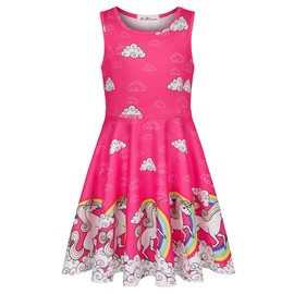 LaBeca Girls Party Casual Printed Twirly Sleeveless Dress Rainbow Unicorn XL