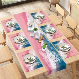 Culudea Pink Blue Beach Ocean Table Runner and Placemats Set of 6, Surf Vintage Dining Decor for Daily Use(1 Table Runner 72 inches Long and 6 Placemats)