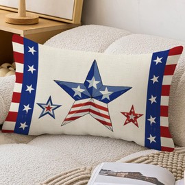 YINENA 4th of July Patriotic Blue Red Star Throw Pillow Cover 12x20 Inch Outdoor Decorations Lumbar Decorative Throw Pillow Case for Couch Home Room Decor