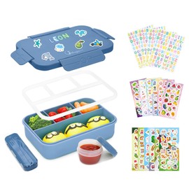 Bugucat Bento Lunch Box 1300ML with 16 Stickers - Leak-Proof with 4 Compartments, Cutlery for Kids and Adults - Snack Box for School, Kindergarten, Office,Dark Blue