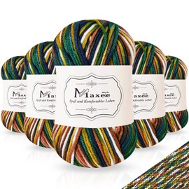 Maxee 250 g (5 x 50 g) Cotton Yarn Colour Gradient, Crochet Yarn Multicoloured, Wool Set for Crocheting, Sock Wool for Knitting, Cotton Yarn for Crochet Socks, Hats, Scarves, Sweaters - Coffee Green