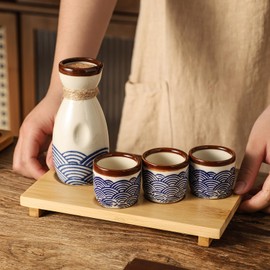 Mocerakai Ceramic Sake Set 4pcs Japanese Traditional Sake Set with 1 Sake Pot 4 Sake Cups Japanese Saki Cup Tokkuri Bottle Ochoko Carafe Soju Home Decoration Gift with Serving Bamboo Tray Wavy Pattern