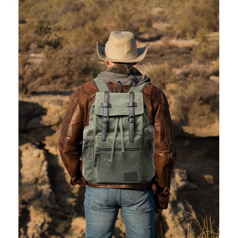 MOYYI Vintage Canvas Backpack for Men Olive Green Rucksack Fit