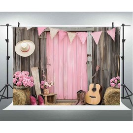 Western Pink Barn Door Backdrop Western Cowgirl Backdrop Wooden Barn Door Farmhouse Backdrops Vintage Retro Hat Haystacks Wood Girls Backgrounds First Rodeo Birthday Party Supplies (A, 7x5feet)