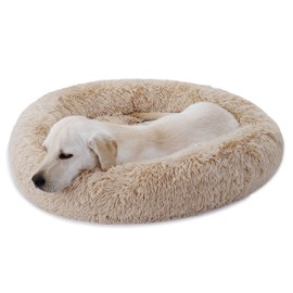 Saicool Dog Beds Cat Bed for Small Medium Large Dogs Pet Bed Donut Round Soft Fuzzy Calming Machine Washable Sleeping Bed for Dogs & Cats Multiple Sizes (Medium, Beige)