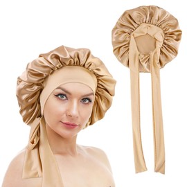 Silky Hair Bonnet for Sleeping, Wide Elastic Band Satin Bonnet Tie Band Silk Bonnet Shower Cap with for Women Girls, Satin Head Cover for Long Curly Braid Hair Night Sleep Hair Protection (Pink)