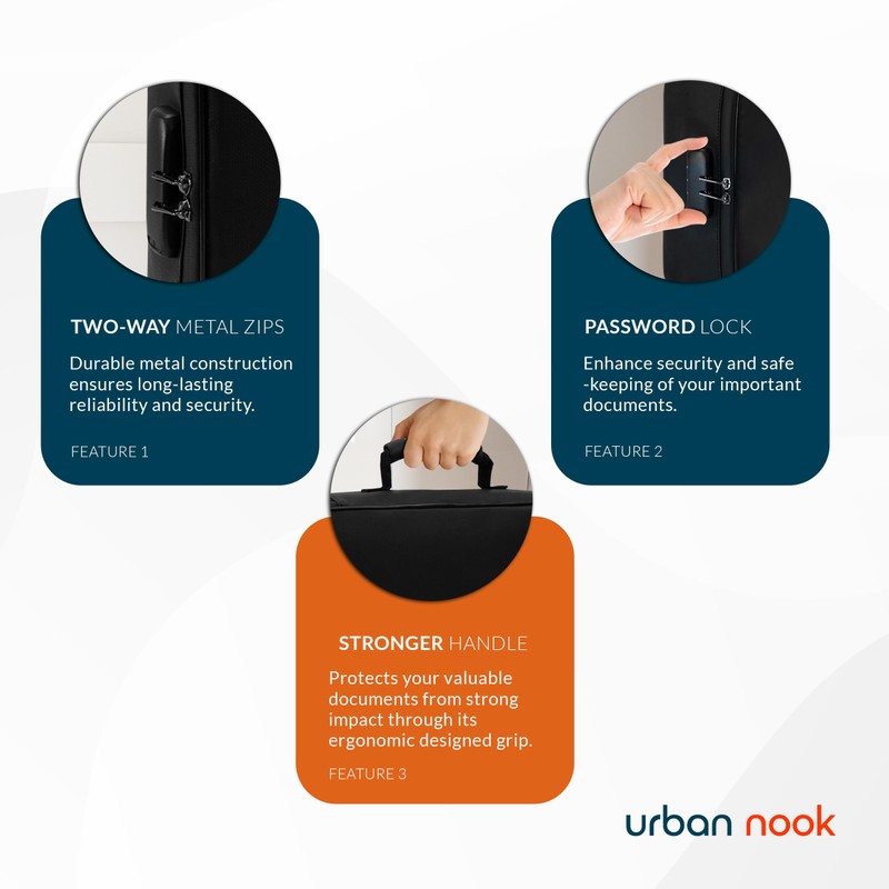 Urban Nook Fireproof Document Box - 3-Layer Lockable Storage Box,