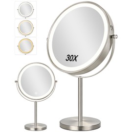 ALHAKIN 9" Lighted Makeup Mirror, 30X/1X Magnifying Mirror with Light Double Sided, Large Size 360°Rotation Makeup Mirror with Magnification, 3 Colors Brightness Adjustable Vanity Mirror, Nickel