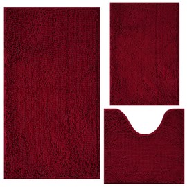 Bathroom Rugs Chenille 3-Piece Extra Soft and Absorbent Shag Bathroom Rugs, Machine Wash Mat, Strong PVC Non-Slip Underside, Plush Carpet Mats (Burgundy)