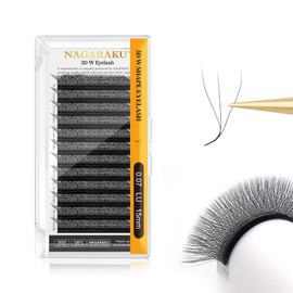 NAGARAKU 3D W Eyelash Extensions, Eyelash Extension, Self-Fanning Lash, Pre-Fanned Ready-to-Use Fan Weave with Long Handle, Premade Fans Volume Cluster, Mega Matte Black (0.07 mm LU Curl, 15 mm)