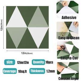 Alow Peel and Stick Floor Tile,Green Self-Adhsive Peel and Stick Flooring,Waterproof Vinyl Flooring Suit for Kitchen Toilet (12×12in 10pcs)