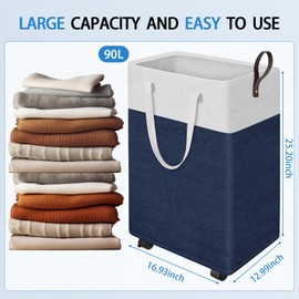 HomeHacks 90L Rolling Laundry Hamper with 4 Smooth Wheels, Collapsible Waterproof Clothes Basket, Freestanding Tall Hamper with Extended Handles for Bedroom/Dorm/Laundry Room (Blue)