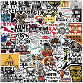 50 pcs Diesel Mechanics engineer Vinyl Sticker Pack- Vintage Man Cave Stuff for Garage and Men Room Decor, Use As Tool Box Stickers, Hard Hat Welding Helmet Stickers or Car Truck Window Decals