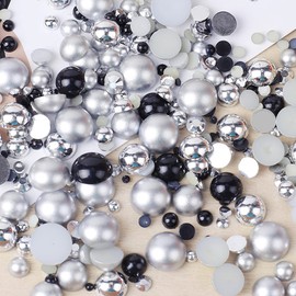 Niziky 1100PCS Flatback Pearls and Rhinestone, Mixed Size 3mm-10mm AB Color Resin Rhinestones Half Pearls for Crafts, 30g Half Round Flatback Pearls Rhinestones for Nail Face Art Crafts