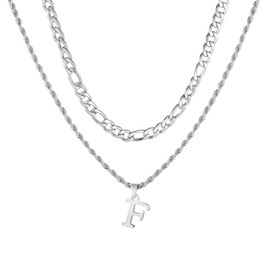 APMGONT Mens Initial Necklace, Stainless Steel Silver Figaro Chain Twist Rope Link Chain with A-Z Letter Pendant Layered Chain Necklace for Men Dad Boyfriend Birthday Father's Day Gift (Silver F)