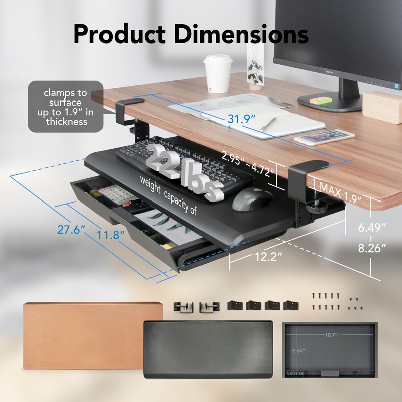 EHO Keyboard Tray with Drawer - Clamp On Under Desk