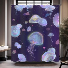 DLTAY Jellyfish Shower Curtain, Purple Ocean Aquatic Animal Fish Underwater World Sea Shower Curtain Set, Kids Children Waterproof Bathtub Curtain Bathroom Decor with Hooks, 72x72 inches