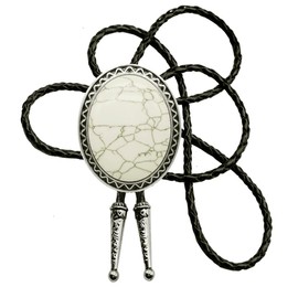 Bolo Tie with Natural Stone Turquoise Stone Style Genuine and Cowhide Rope More Colors, White Agate Style, Medium