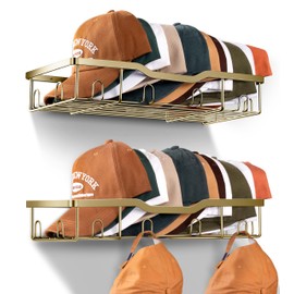 KEETDY Metal Hat Organizer for Baseball Caps Wall Hat Rack Fit 48 Caps Holder, 2 Packs Sturdy Wall Mounted Hat Storage Organizer, Gold