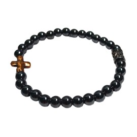 Faith Based Stretchy Hematite Beaded Bracelet with Bronze Cross