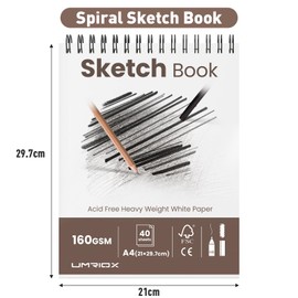 Umriox A4 Sketchbook,2-Pack Sketch Book with 160gsm Thick Paper, Top Spiral Bound Sketch Pad, Acid-Free Drawing Paper,Art Drawing Pad for Artists, Students & Professionals,40 Sheets / 80 Pages