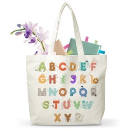 JUSITAKEET Alphabet Themed Tote Bag, Book Canvas Tote Bags Gift, Gifts For Book Lovers, Reusable Bags Suitable For Bookworm, Library Club Canvas Totes Gifts For Study, 06