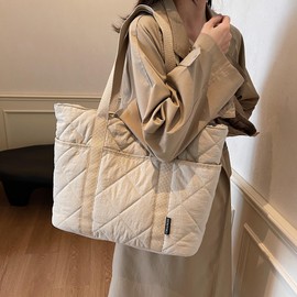 Makukke Puffer Tote Bag Aesthetic Quilted Bag Women's Shoulder Bag with Multiple Compartments Large Shopper Quilted Bag Shoulder Bags for Work Office Travel Shopping School, beige