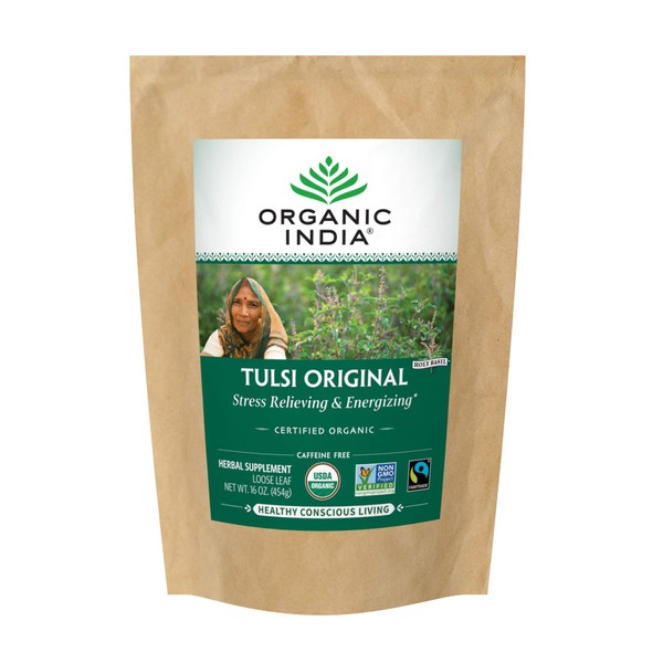Organic India Tulsi Original Loose Leaf Herbal Tea - Immune Support, Vegan, Gluten-Free, Kosher, USDA Certified Organic, Non-GMO, Caffeine-Free, Healthy Stress-Relief & Uplift Mood - 1 lb Bag