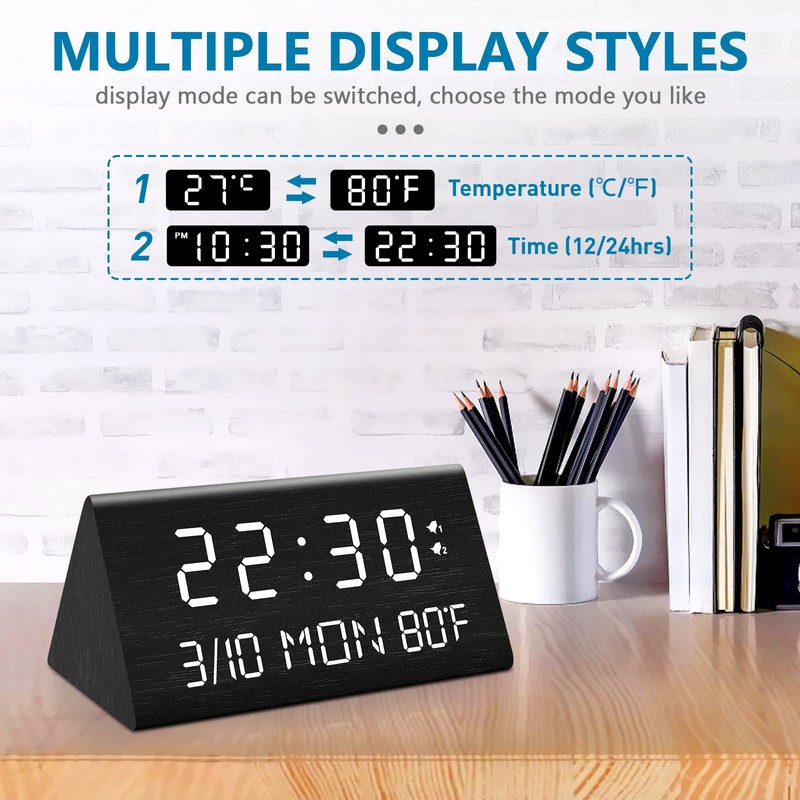 Kogonee Wooden Digital Alarm Clock, 0-100% Dimmer, 2 Alarm Settings,