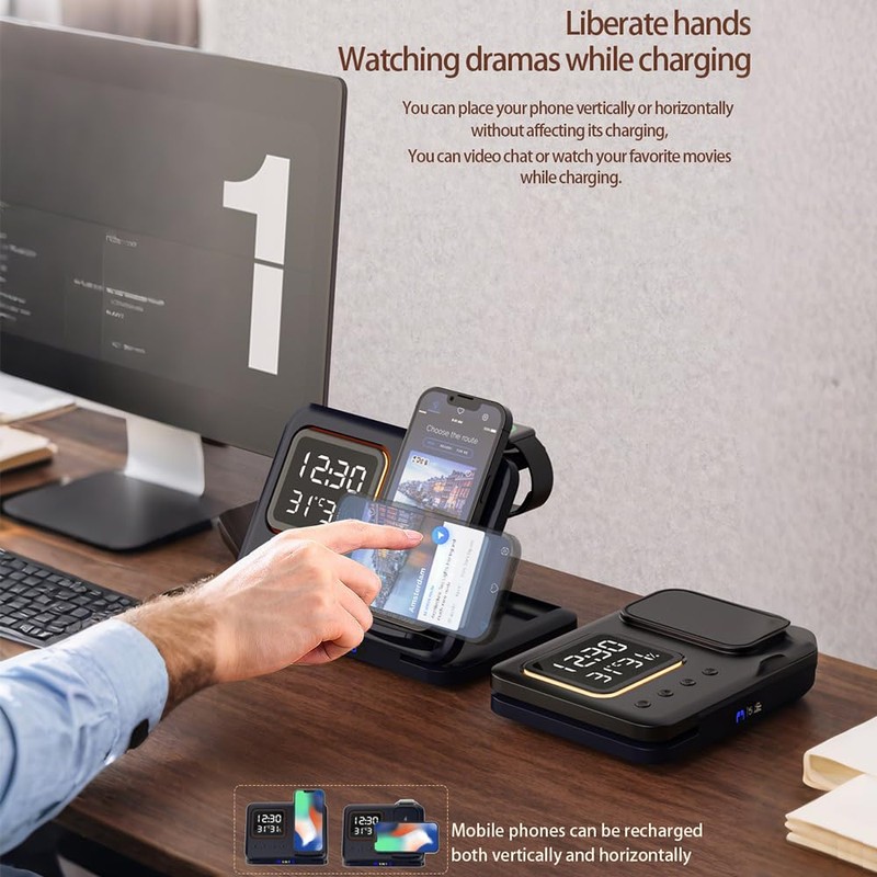 IHAO 5in1 Multi Functional Wireless Charging Station with Digital Clock