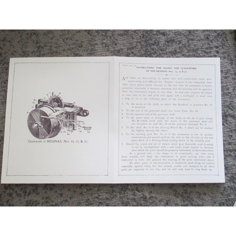 REGINA MUSIC BOX OILING CLOCKWORK INSTRUCTIONS #'s 14, 15, 51