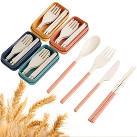 Lumbor37 Juegos de Cubiertos Portátile Utensilio Reutilizable con Estuche, Cubertería Combinada PortáTile Paja de Trigo 4 Set, Los Palillo, Cuchara, T