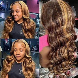 DUAUJUIU Lace Front Wig Highlight Ombre 13 x 4 HD Transparent P4/27 Coloured Honey Blonde Lace Front Wig for Women Body Wave 200% Real Human Hair Wig Glueless Pre Plucked with Baby Hair 22 Inches (55 cm)