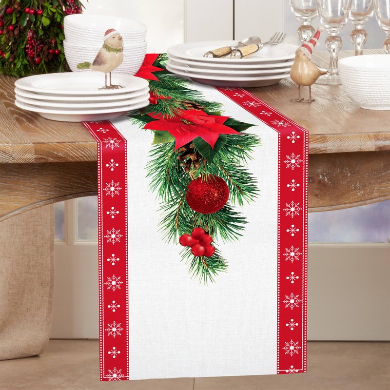 Christmas Table Runner Safflower, Red Linen Table Runner Tablecloth with