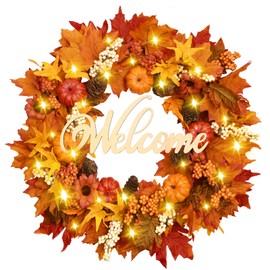 Waipfaru Fall Wreaths for Front Door, 20'' Autumn Fall Wreath with Lights and Welcome Sign, Fall Leaf Outdoor Wreath for Thanksgiving Farmhouse Front Porch Patio Decor