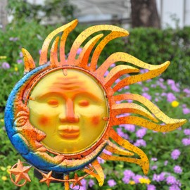 BVLFOOK Solar Light Outdoor Garden Decoration Colorful Metal & Glass Sun Moon Star Garden Stake Decorative Waterproof Warm White LED Yard Decor for Pathway Lawn Patio Backyard