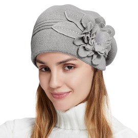 Nawati Flower Women Beret, Double Layer Thickened Winter Knitted Beanie Beret Hat, Stylish French Dress Beret Hats for Women Lady Light Gray