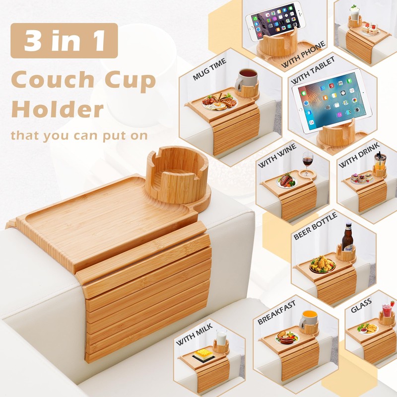 GHKINMAL Couch Cup Holder Tray, 3 in 1 Couch Arm
