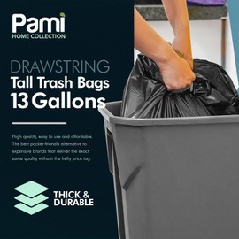 PAMI Tall 13-Gallon Kitchen Drawstring Trash Bags [80-Pack, Black] - Extra-Strong Plastic Garbage Bags- Thick Trash Can Liners For Kitchen, Bathroom & Outdoor Bins- 2ft x2ft Unscented Trash Bags