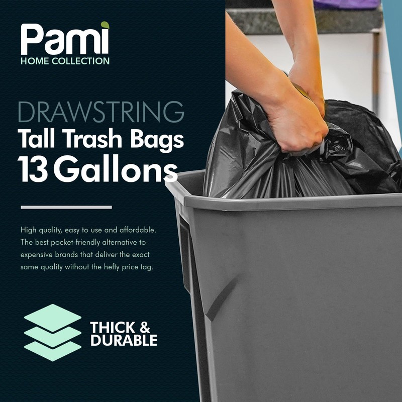 PAMI Tall 13-Gallon Kitchen Drawstring Trash Bags [80-Pack, Black] -
