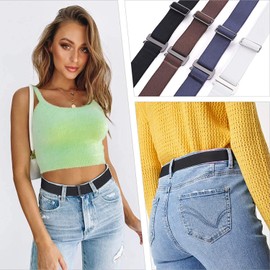 4 Pack No Show Elastic Belts for Women and Men, Stretch Invisible Belt with Flat Buckle by WHIPPY Black Coffee Blue White